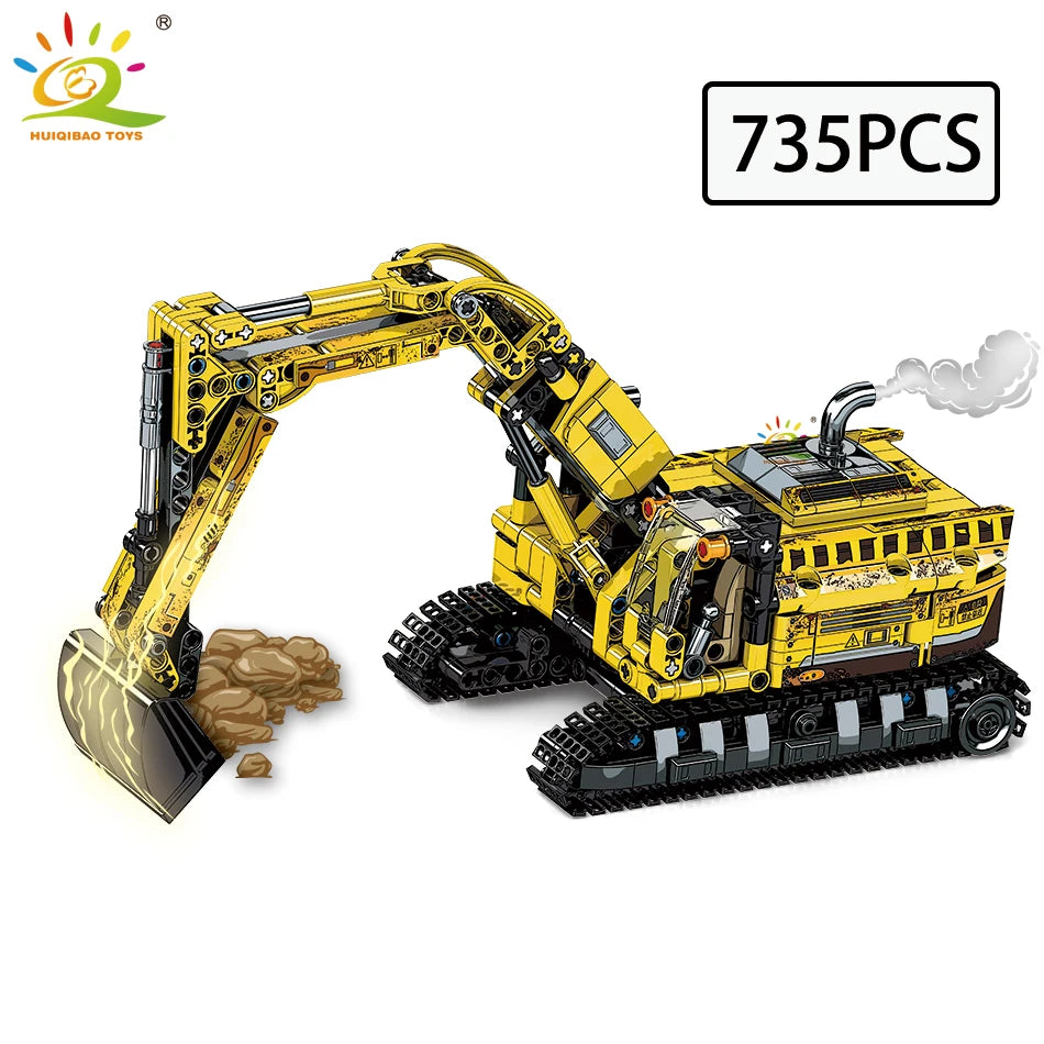 HUIQIBAO Moc Engineering Truck model Building Block Excavator Crane Car City Construction Tech Brick Set For Children Kids Gift