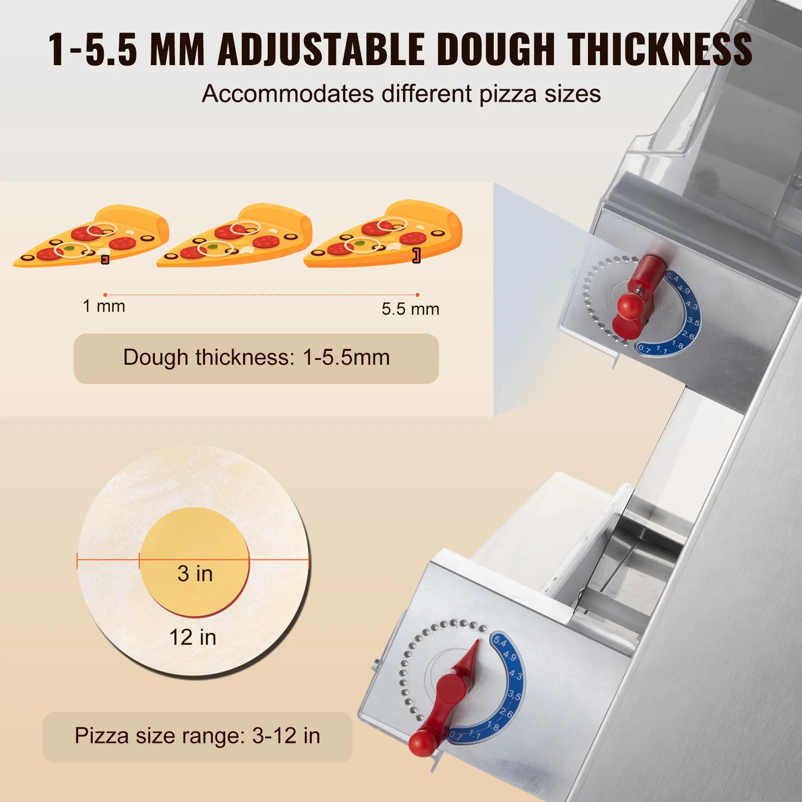 SucceBuy Pizza Dough Roller Sheeter Stainless Steel Adjustable Thickness Dough Machine for Pasta Maker Equipment