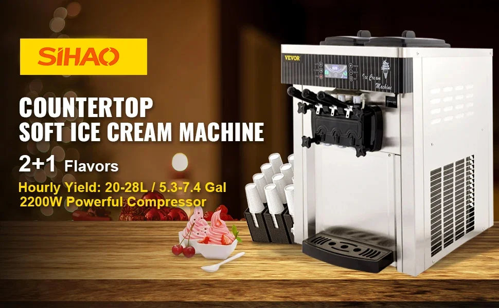 Sihao 2200W Ice Cream Machine 5.3-7.4Gal/H Soft Serve with LED Display Auto Clean 3 Flavors Sweet Cone Freezing Equipment