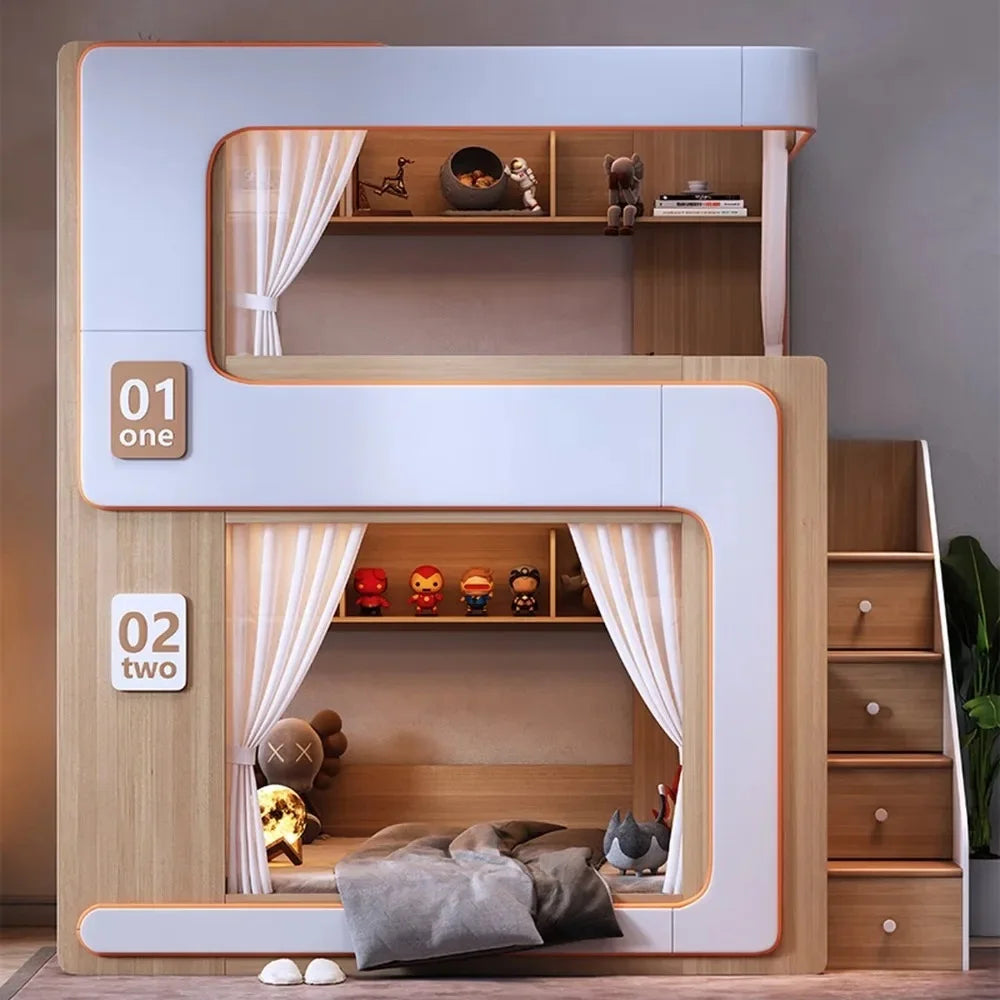 Simple Small Space Bunk Bed for Kids Floating Style High Guardrail Privacy Separated Twin Bed with Double Bookshelves