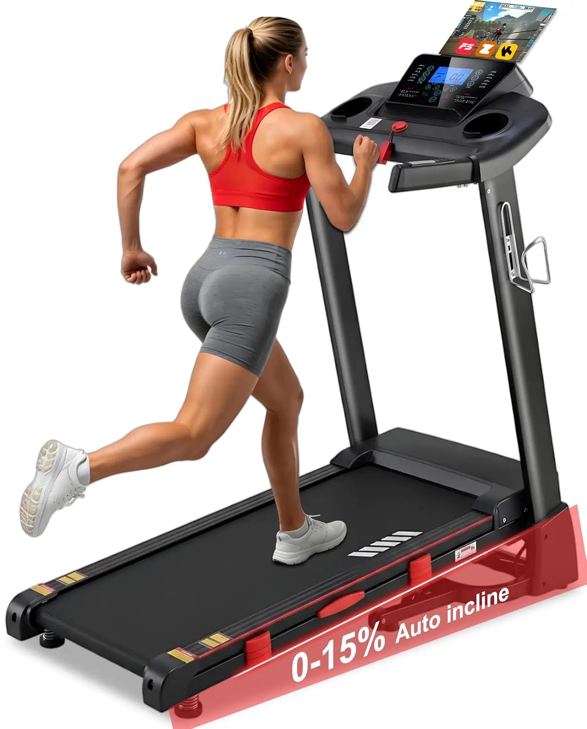 Treadmill with Incline,15-Level Auto Incline, 18" Wide Belt, 350lb Capacity, 3HP, 0.5-10 MPH, 36 Programs Running, Customized