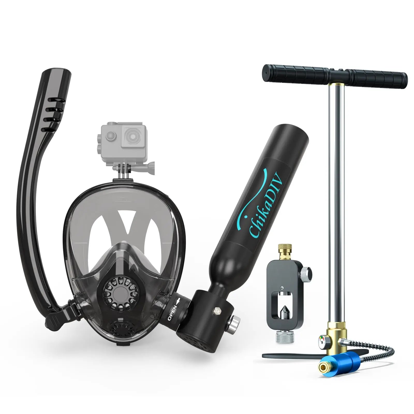 ChikaDIV 0.5L Mini Scuba Tank with Sub-Mask Diving Tank with Full-face Mask Underwater Breath System Lung Tank DOT Certified Pony Bottle for Snorkeling