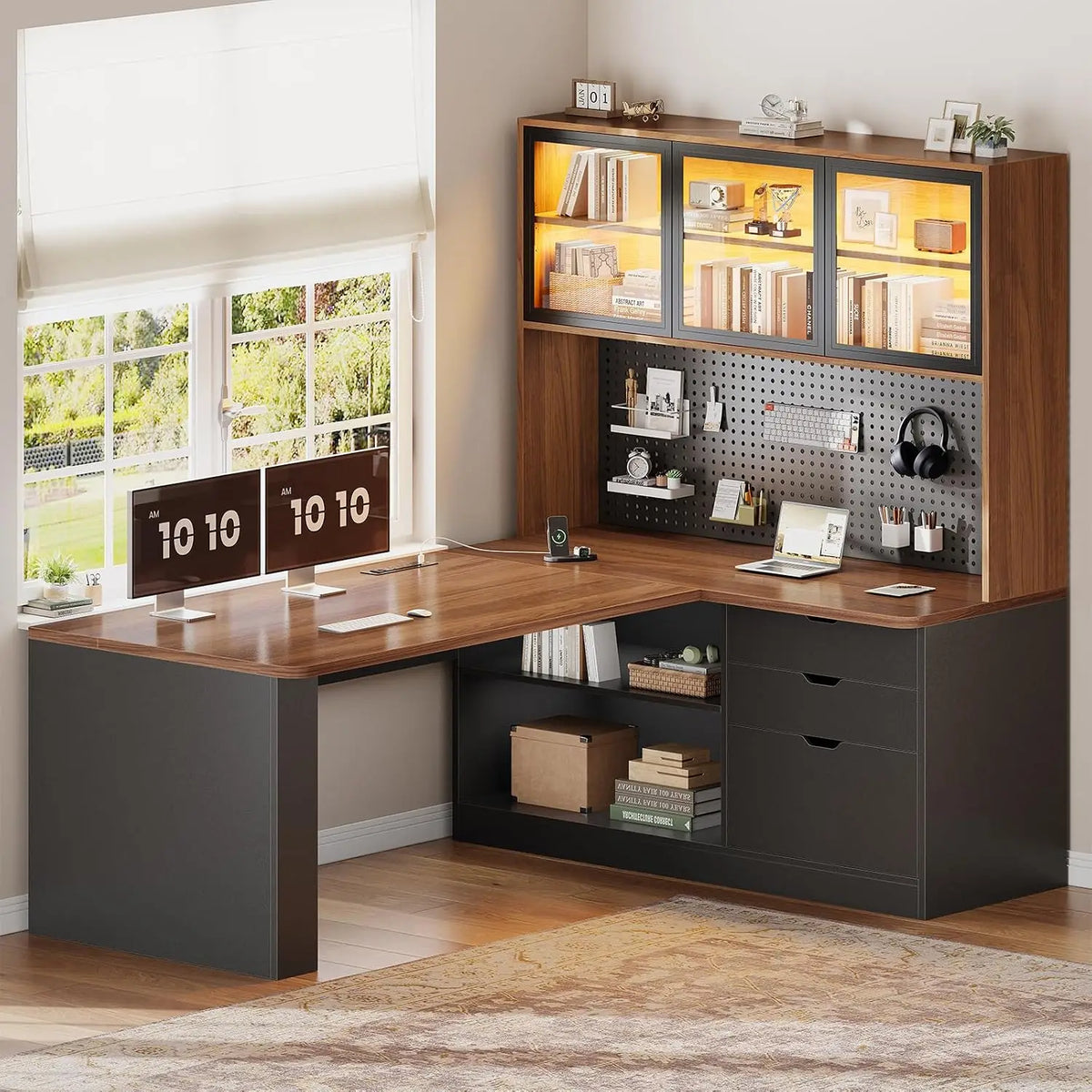 L Shaped Corner Gaming Desk with 3 Wood Drawer and Large Bookshelf, Customized