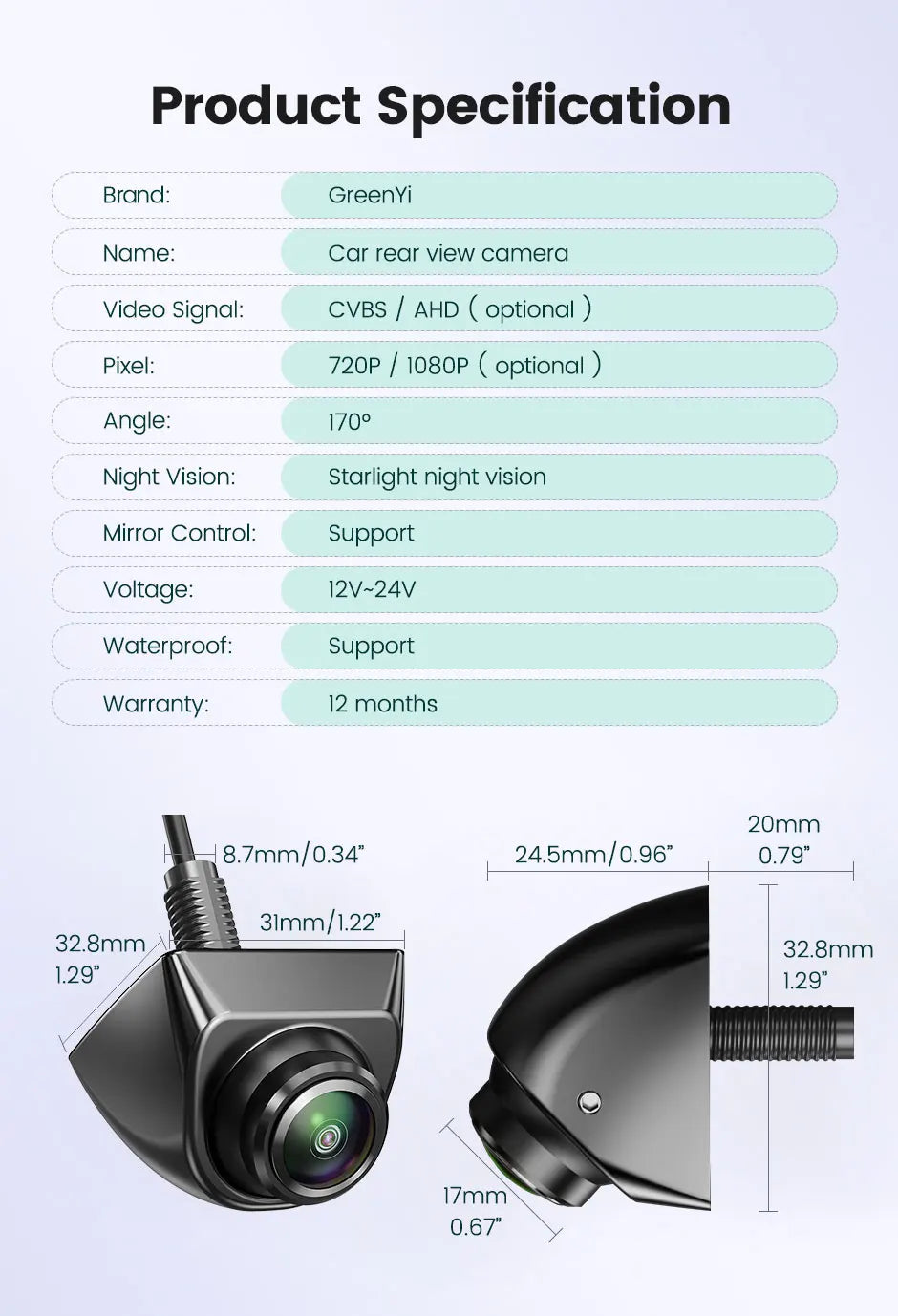 GreenYi AHD 1920x1080P Car Rear View Camera 170° Fisheye Lens Full HD Night Vision Vehicle Reversing Front Cameras C899