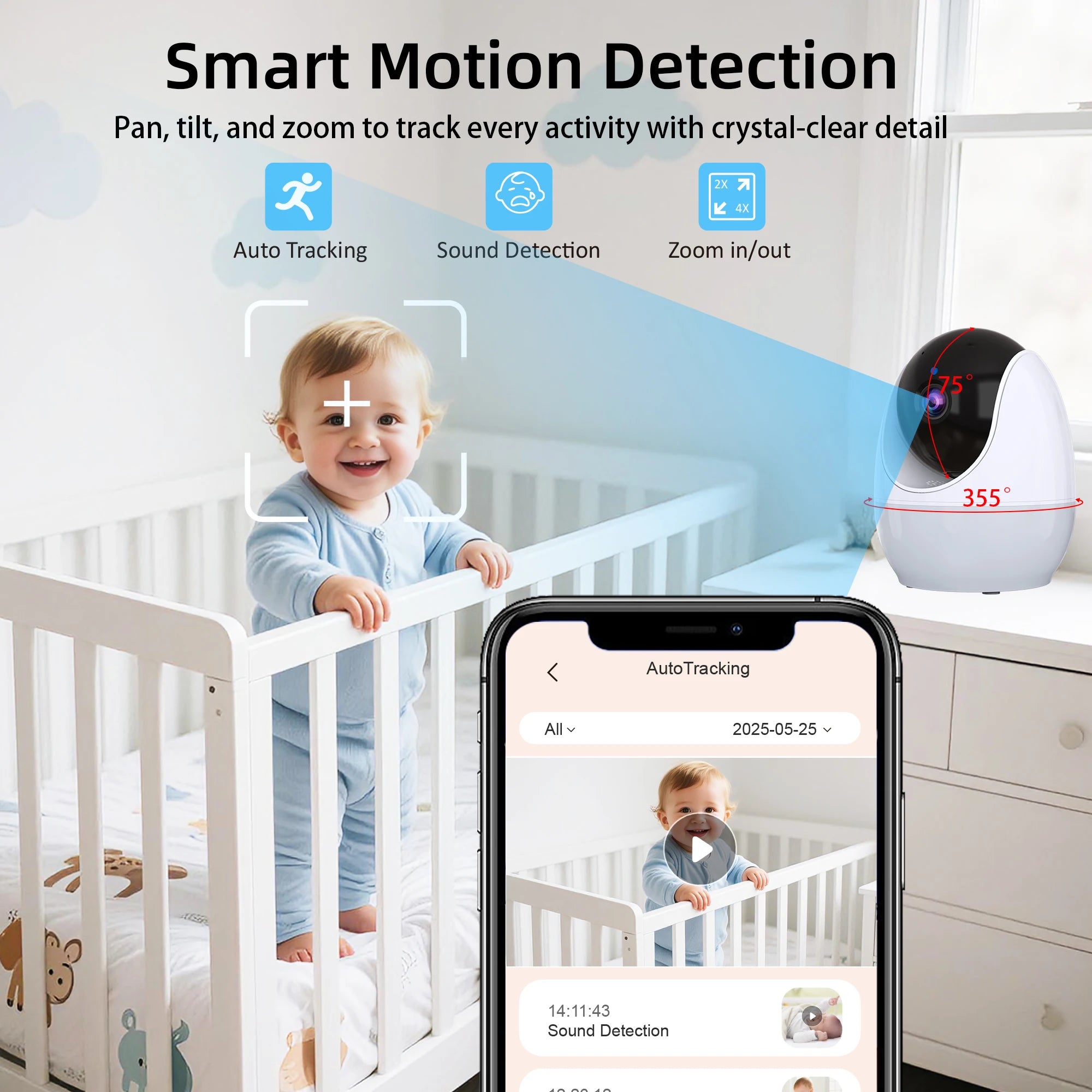 Keep an eye on your little one with this 4.3-inch video baby monitor featuring PTZ IP camera, night light, auto-tracking, and APP remote view control for convenient surveillance!