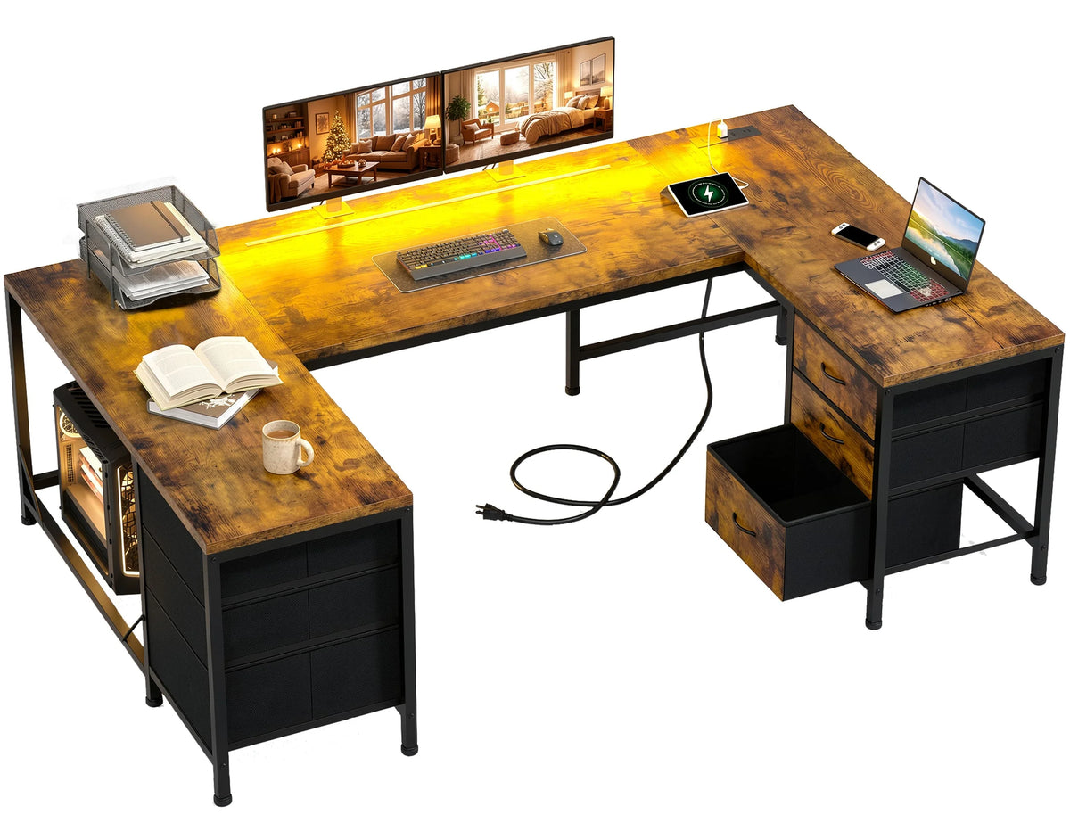 U Shaped Gaming Corner Desk 67" | Computer Desk Home Office Desk with 6 Drawers, Power Outlets, LED Lights for Bedroom Office