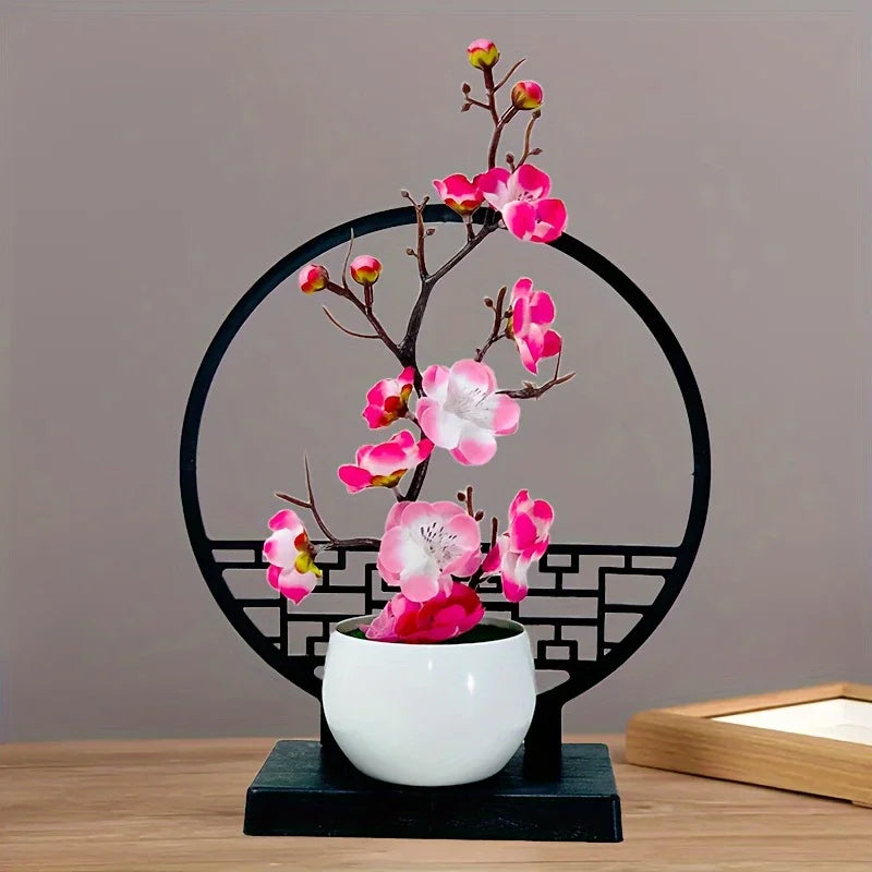 1set Chinese-Inspired Artificial Plum Blossom Bonsai with Screen Base - Versatile Tabletop Decor for Various Rooms, Ideal for
