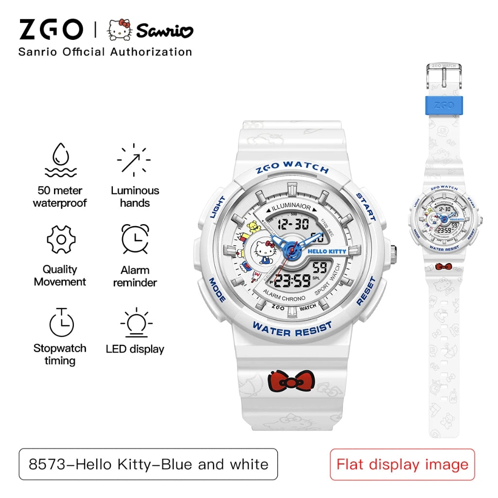 ZGO Sanrio Hello Kitty ladies' digital watch multi-functional dual-display waterproof sports watch for students gift 8573