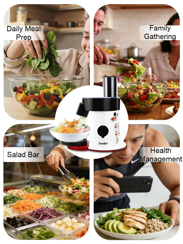 Sonifer SF-5505 5 in 1 Electric Salad Maker 200W Vegetable Slicer Shredder with 5 Stainless Steel Discs XL Feeding Tube 220V
