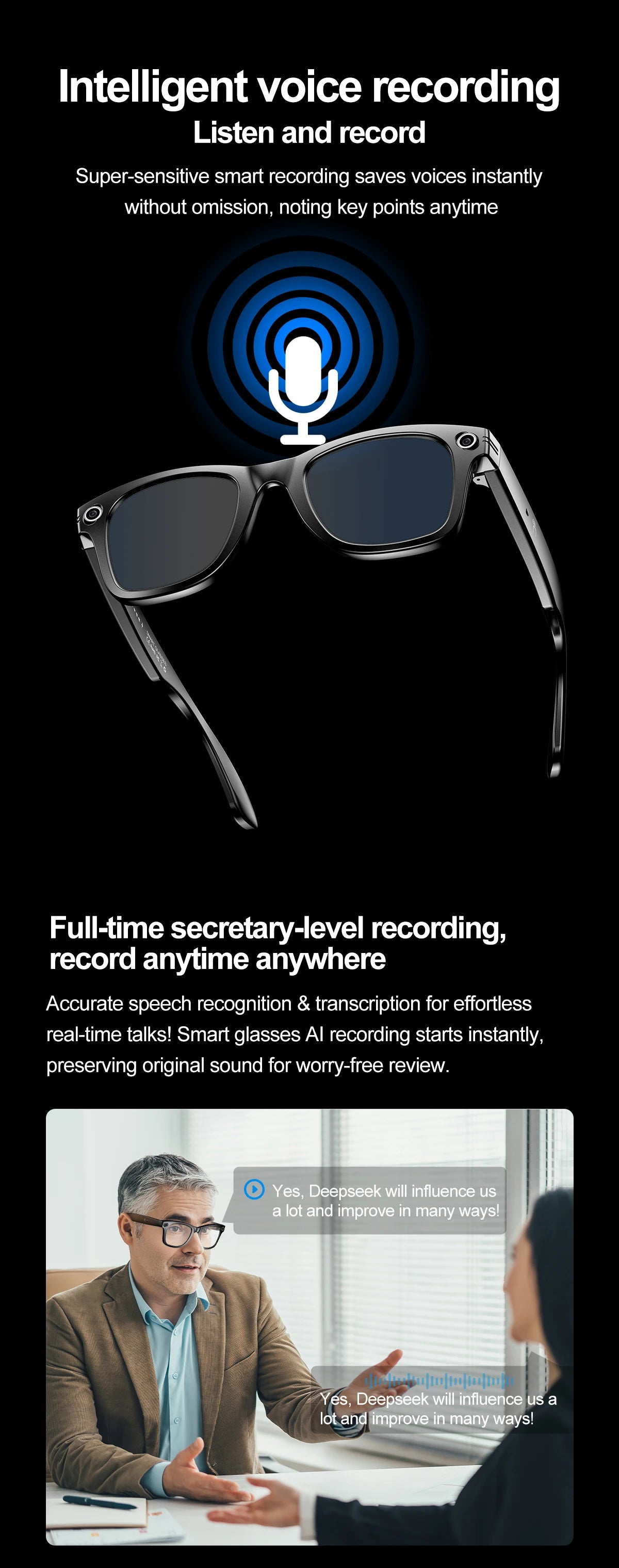 Smart Glasses With AI,Bluetooth Music Glasses With 140+ Translation,Anti-Blue Light Lenses,Camera Glasses For Travel Meeting