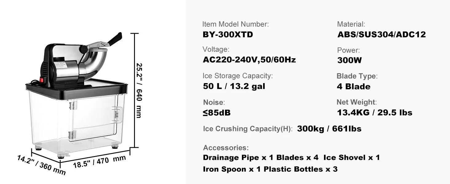 SucceBuy Electric Snow Cone Machine Ice Shaver Crusher Granizing Glass Blender Mixer Chopper Stainless Steel Colder Commercial