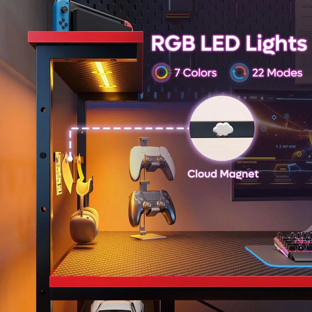 Gaming Desk with LED Lights, 44 Inch PC Gamer Desk or Small Spaces, Computer Desk with Reversible Storage Shelves & Side Storage