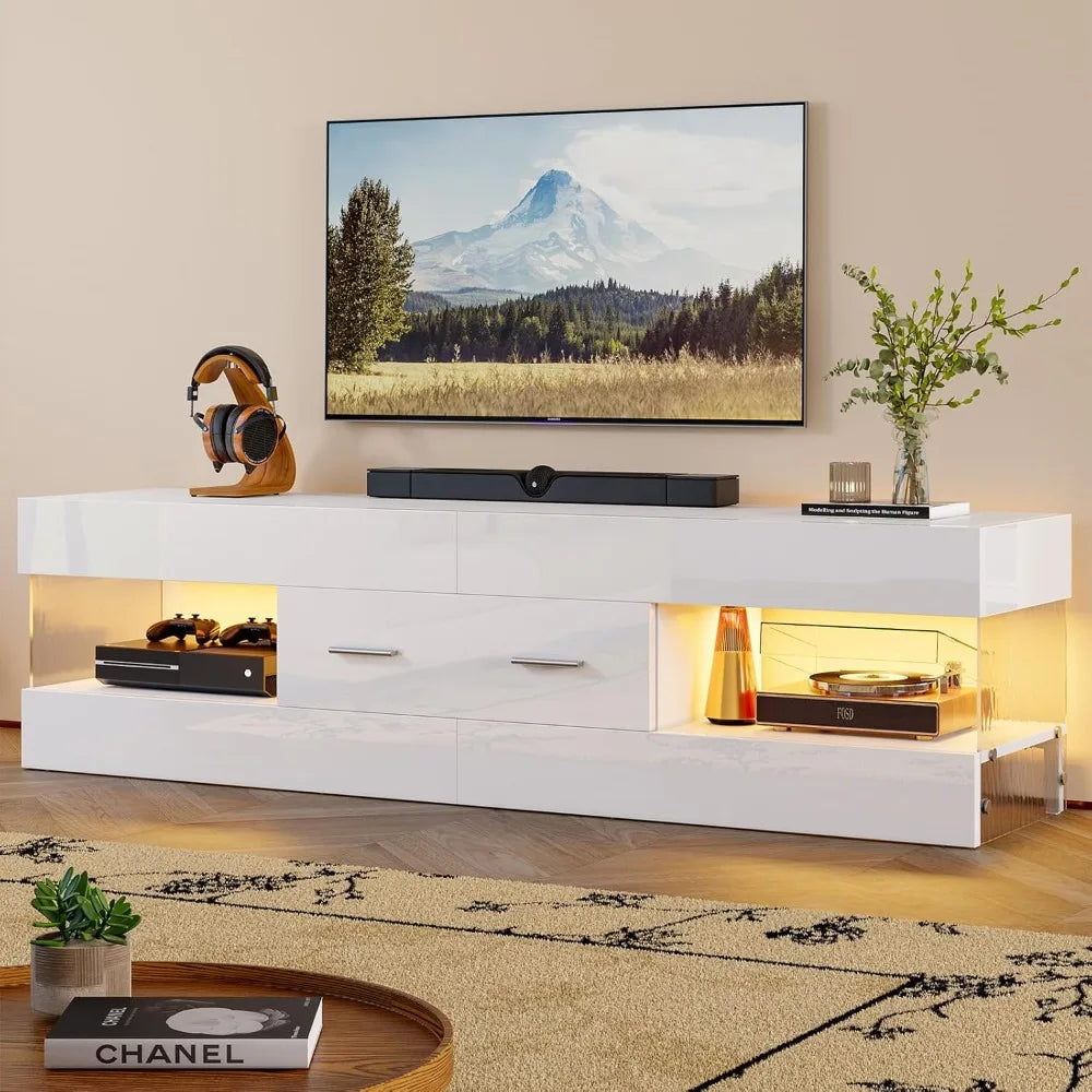 Modern High Gloss TV Stand for 55-65 Inch TVs with Stone-Patterned Sides and LED Entertainment Center