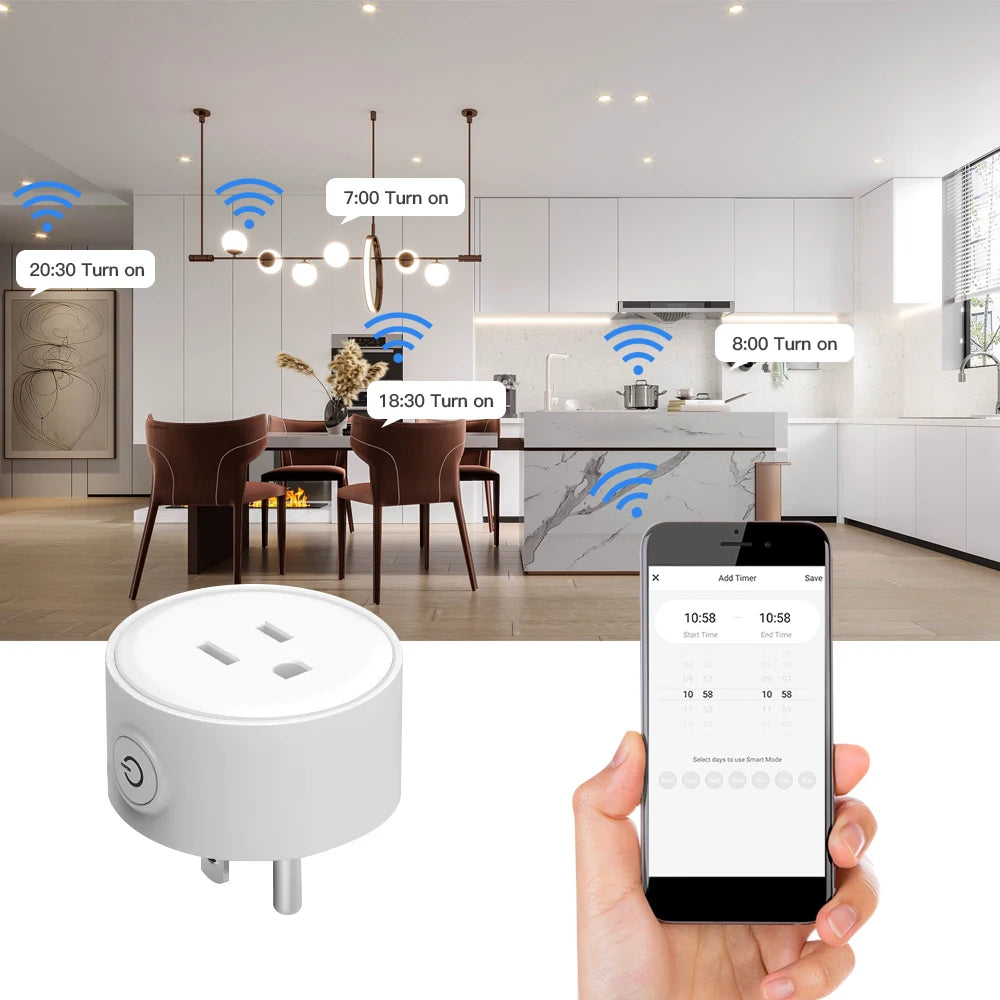 Control your devices hands-free with this WiFi smart plug featuring USA socket compatibility—wireless switch supporting app control, scene linkage, and voice assistants like Alexa and Google Home for smart home convenience!