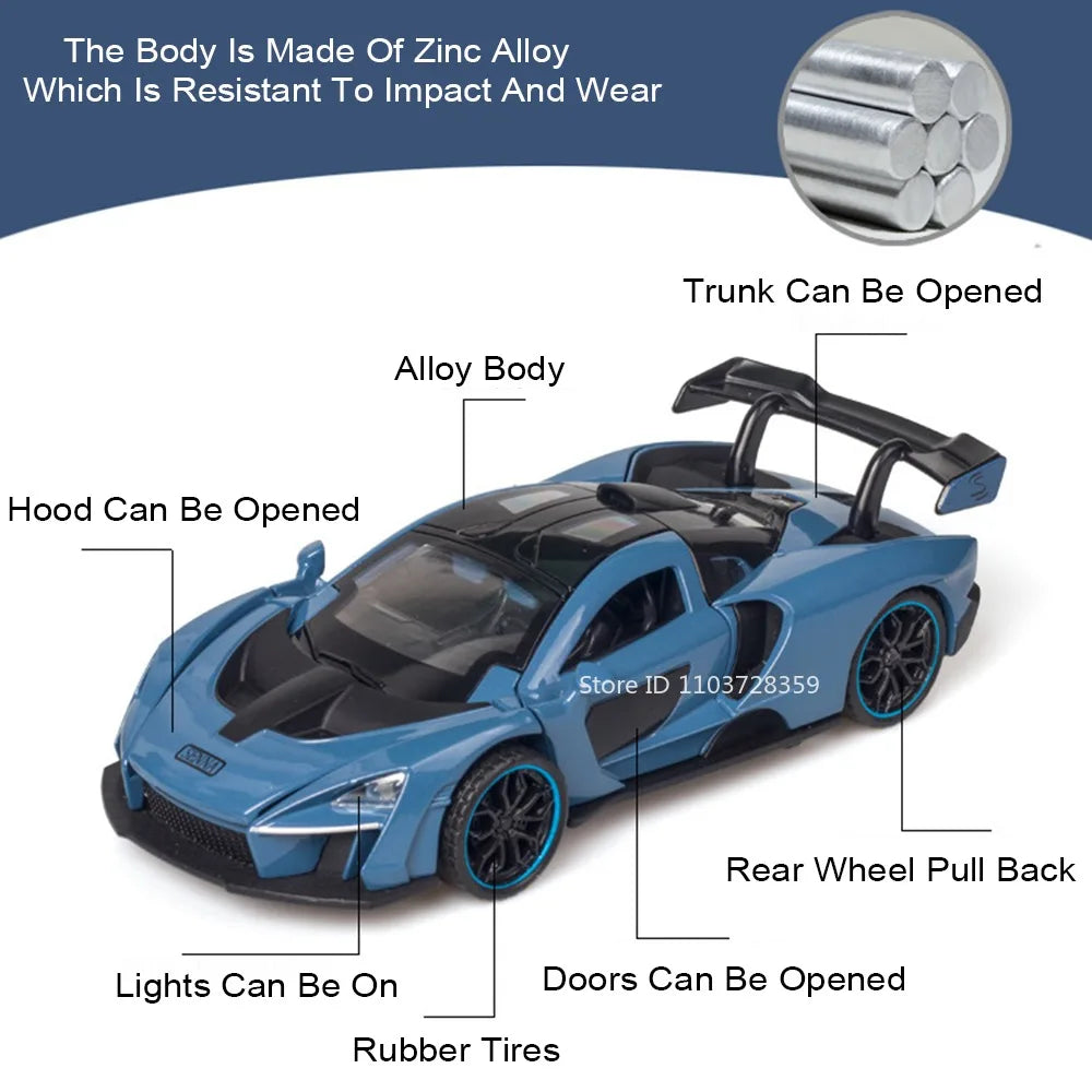 1:32 720S Senna Model Toy Sports Cars Alloy Diecast Sound Light Exquisite Interior Pull Back Supercar Models for Kids Presents