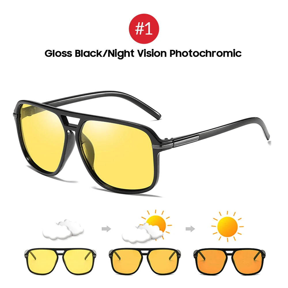 VIVIBEE Men Polarized Night Vision Glasses Yellow Retro Square Oversized Photochromic Goggles Women Fashion Driving Sunglasses