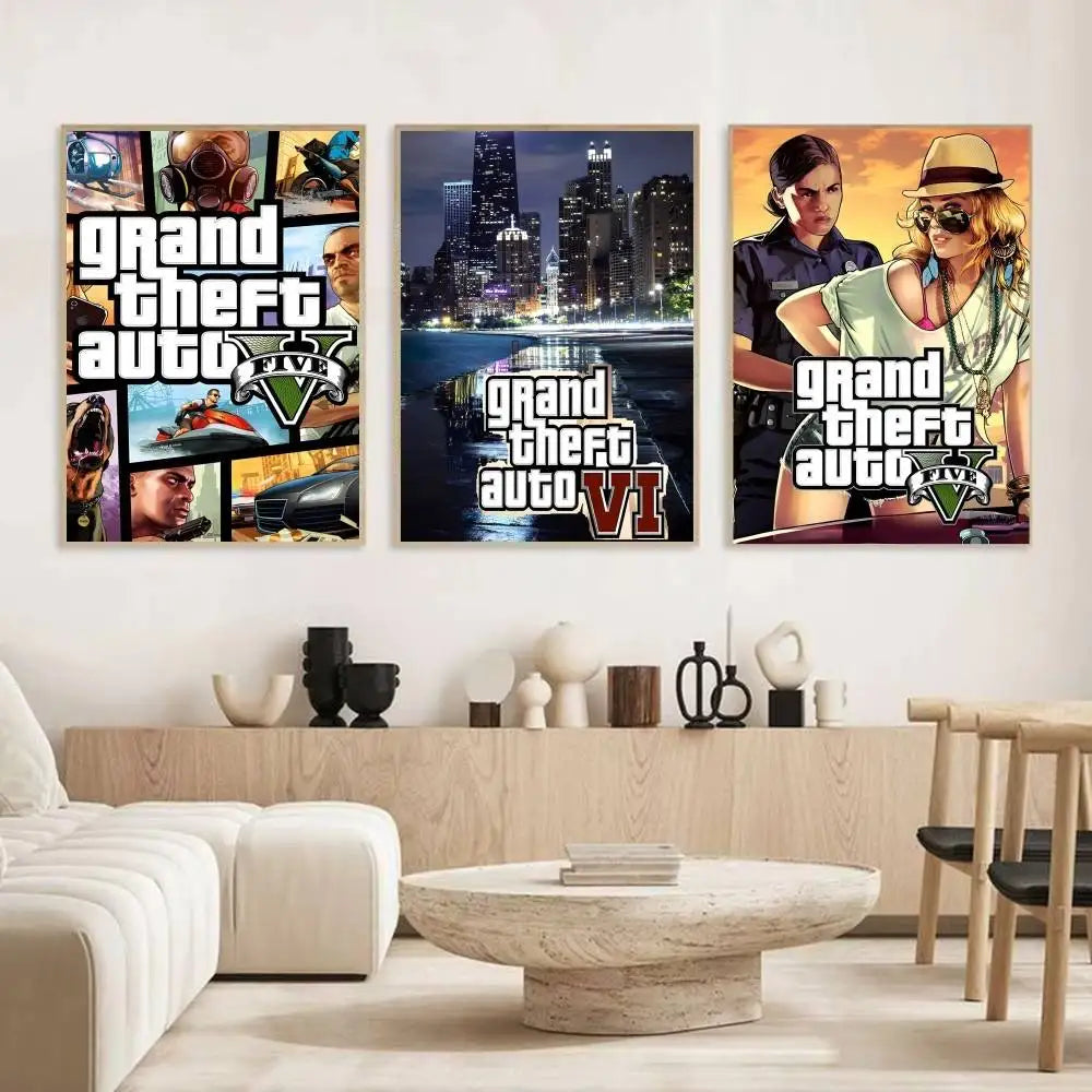 Game Grand T Auto posters Self-adhesive Paper Print Home Living Room Bedroom Entrance Bar Cafe Art