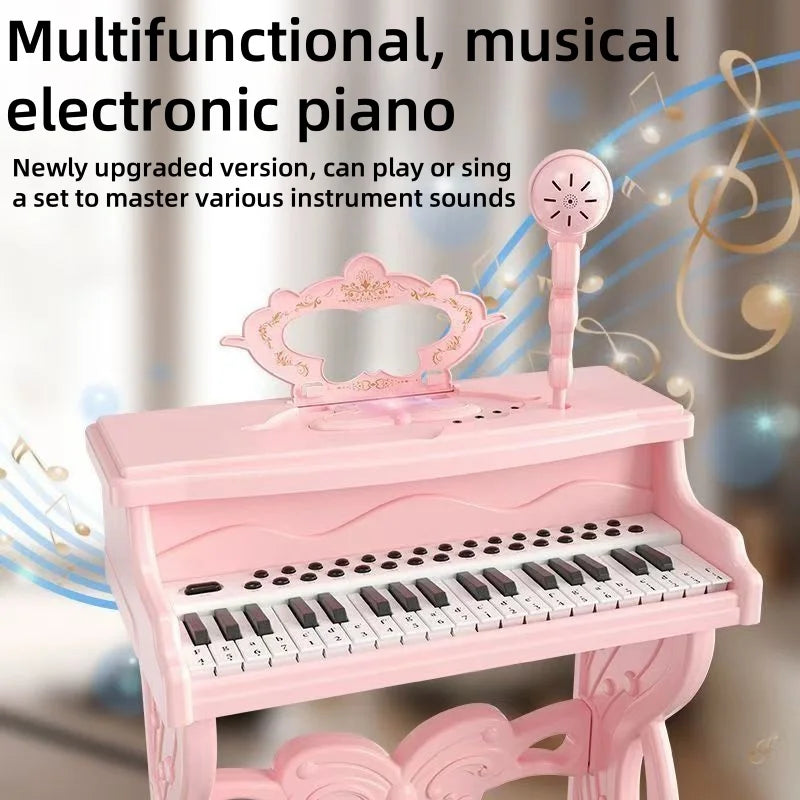 Kids electronic piano playset for girls beginner multi-functional playable microphone with small stool, Christmas birthday gift