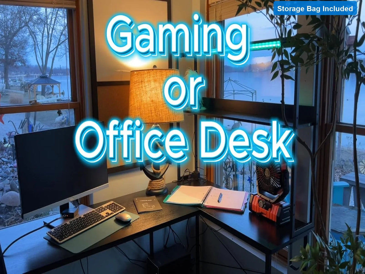 L Shaped Gaming Desk 53 Inch with LED Light Power Outlets Reversible Shelves Computer Corner Black Home Office Study