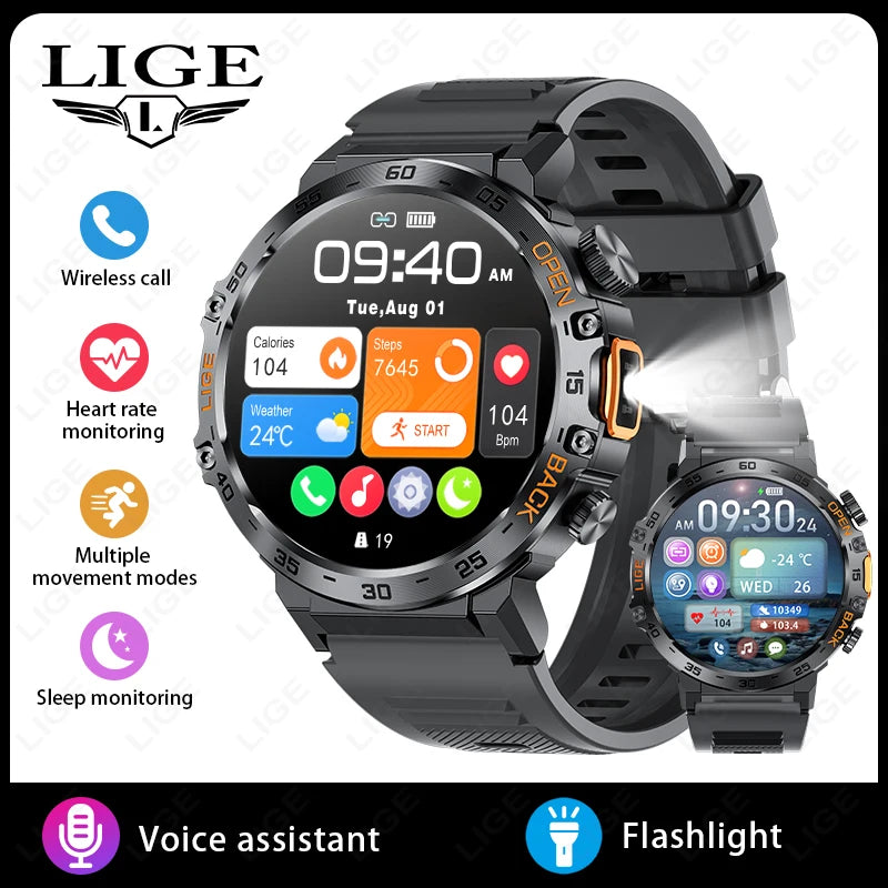 Stay active and connected with this men's smart watch featuring an HD screen, waterproof design, sports fitness tracking, and a handy flashlight—compatible with Android and iOS!