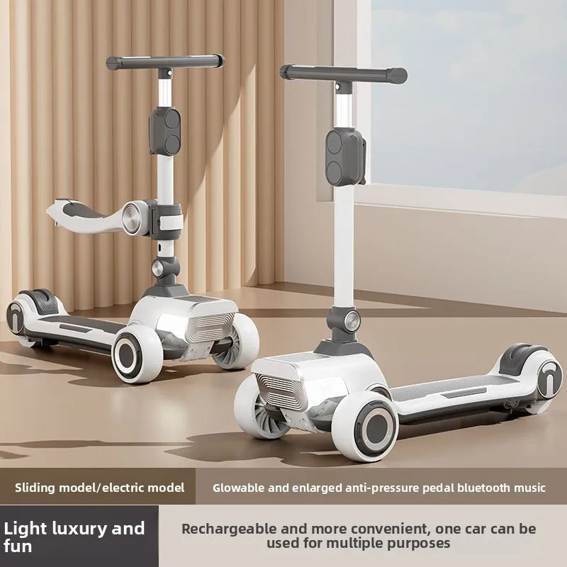 Rechargeable electric scooter for children, foldable and fun with widened design.