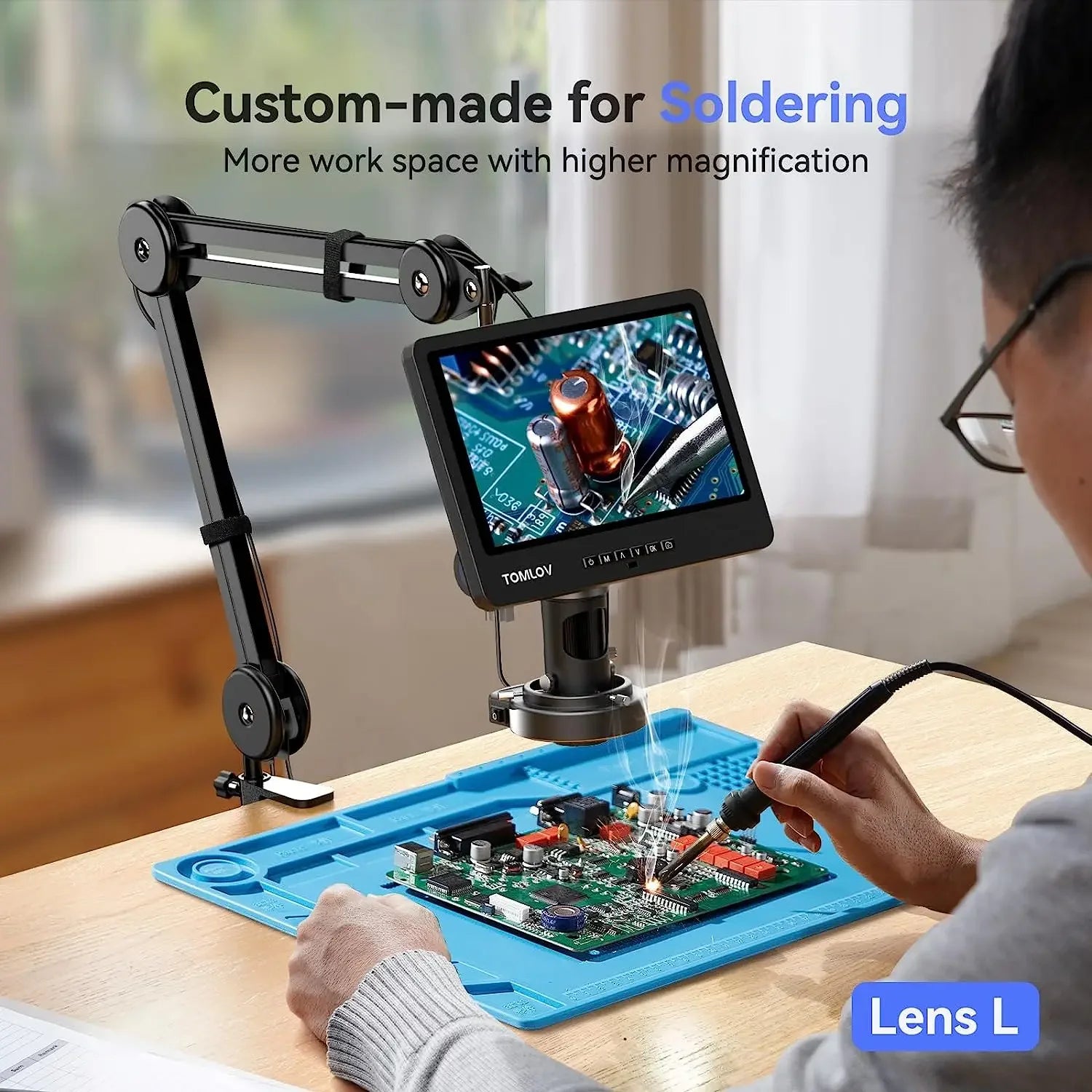 TOMLOV Digital Soldering Microscope 2000X 10.1" DM602 Flex HD Microscopes 3 Lens Coin Microscopio Ring Light For Repairing
