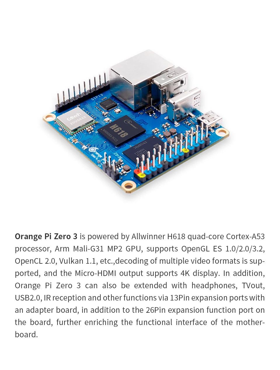 Orange Pi Zero 3 1GB 2GB 4GB RAM DDR4 Allwinner H618 WiFi Bluetooth Mini PC Zero3 Development Board SBC Single Board Computer