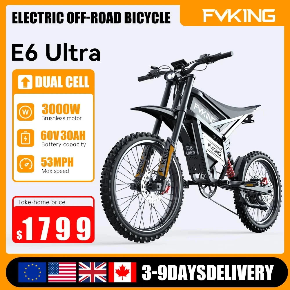 FVKING E6 Adult Electric Bicycle 3000W Peak Motor Equipped With 2 60V 30AH Batteries Off-road Electric Motorcycle Speed 80km/H