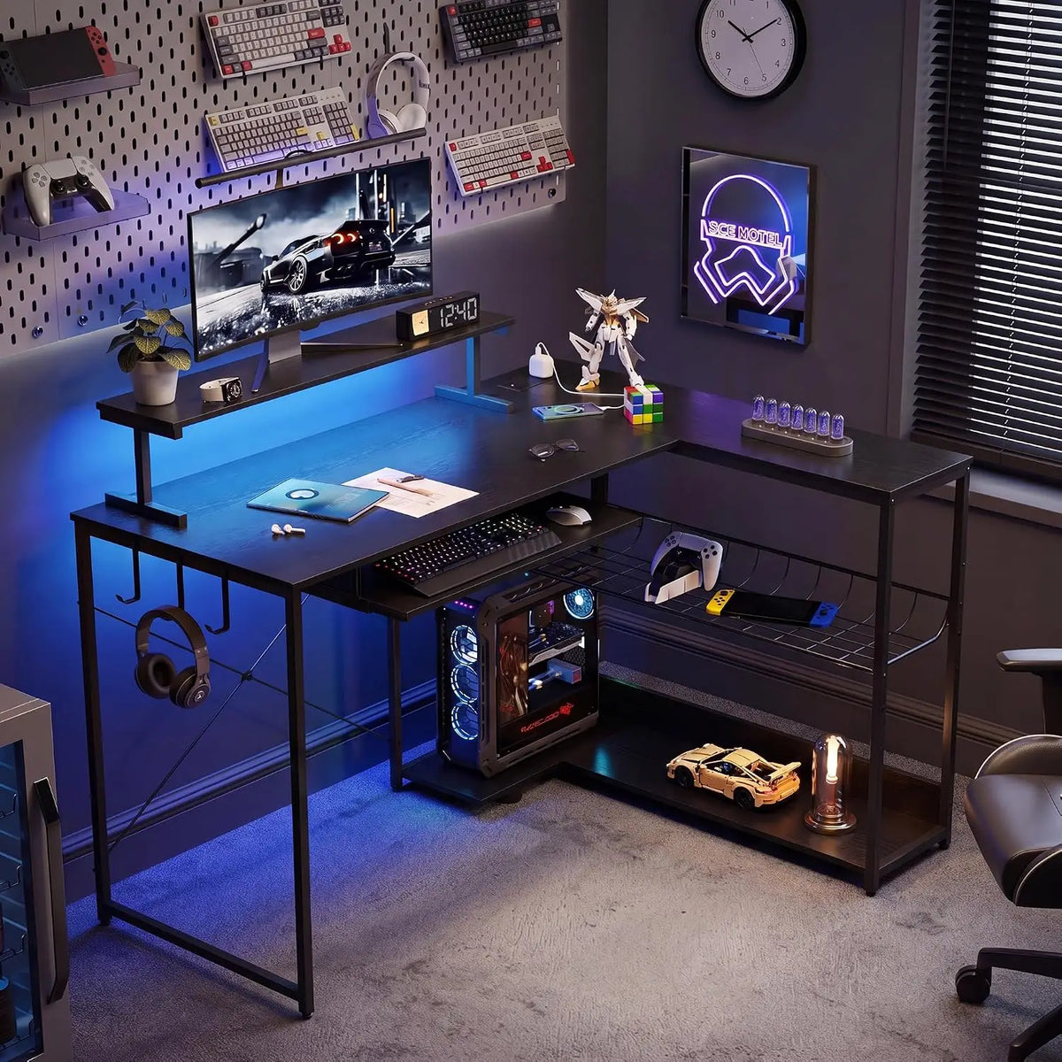 L Shaped Gaming Desk with Power Outlets & RGB LED Lights, 46" Corner Computer Table with Monitor Stand, Keyboard, Customized