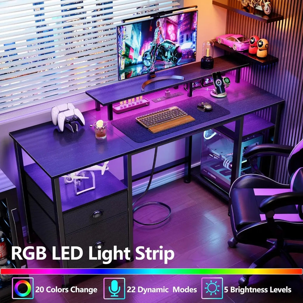 51" Gaming Desk with Power Outlets & LED Lights, Reversible Computer Desk with File Cabinet & Monitor Stand for, Customized
