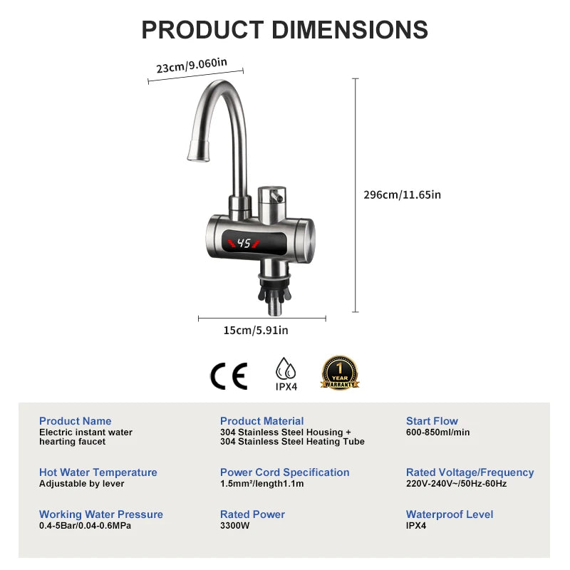 Instant Electric Water Heater 3300W EU Plug Under Sink 220V Kitchen Bathroom Tankless Hot Water Faucet Heater 360° Rotatable