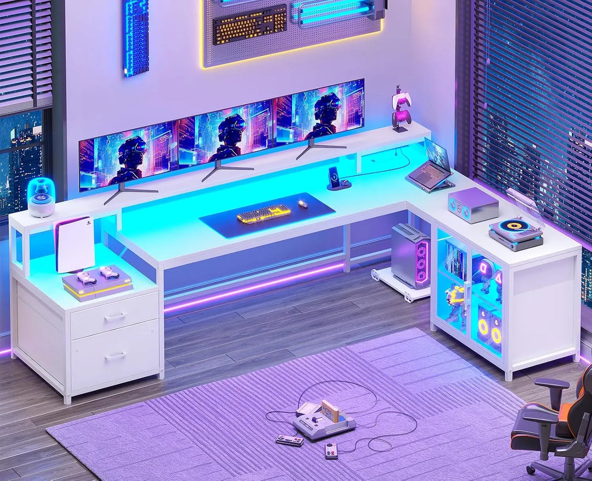 78.7" Large L Shaped Corner Gaming Computer Desk,Drawers,Power Outlet & LED Lights, Customized
