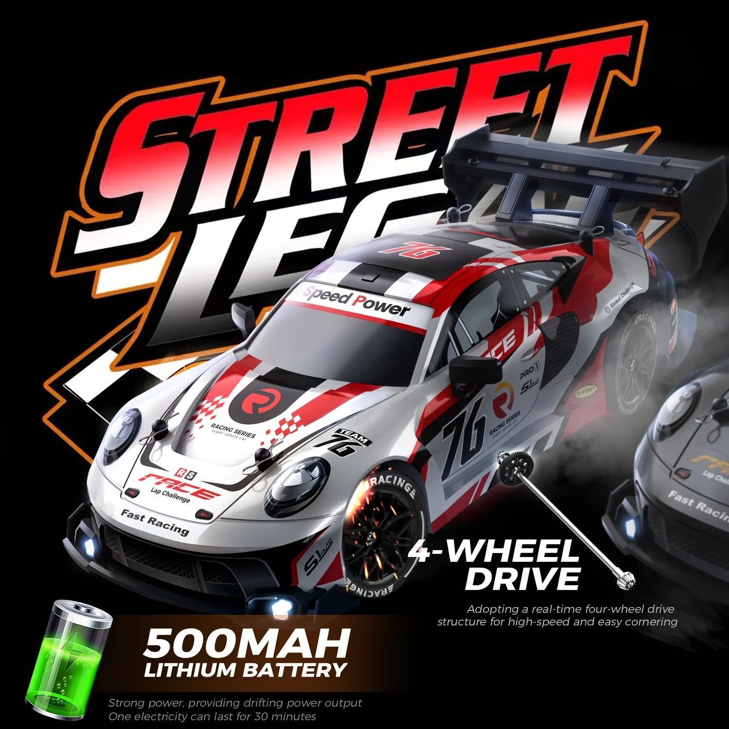 1:24 RC Drift Car, 2.4GHz High Speed 4WD Remote Control Racing Vehicle, LED Lights Electric Toy for Kids Boys Adults