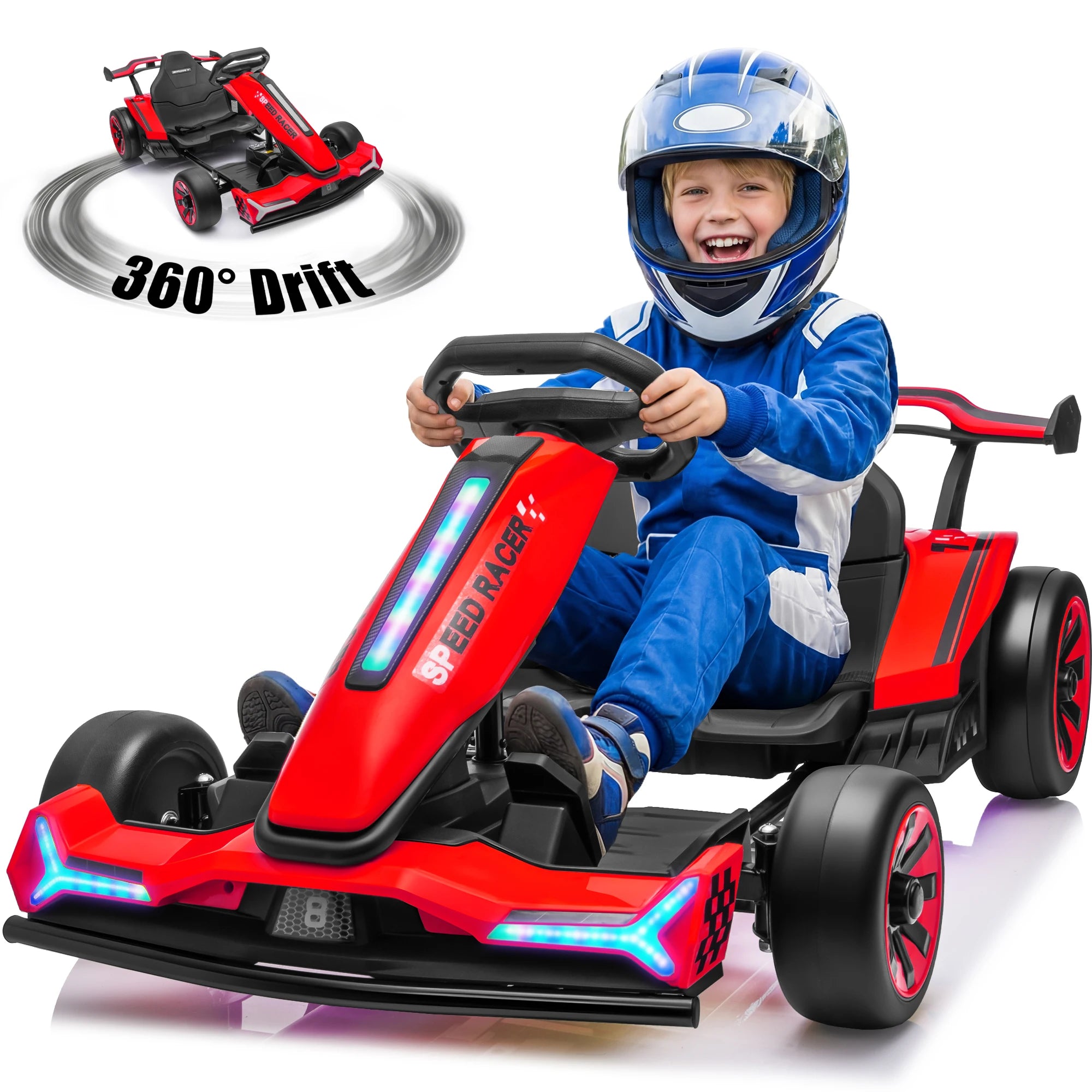 Joyracer 24V Go Kart for Kids 6-12, 2x400W Motors Electric Drift Car with Adjustable Length, 360°Drift Mode, 6.5 MPH High Speed Racing Car, Bluetooth Music
