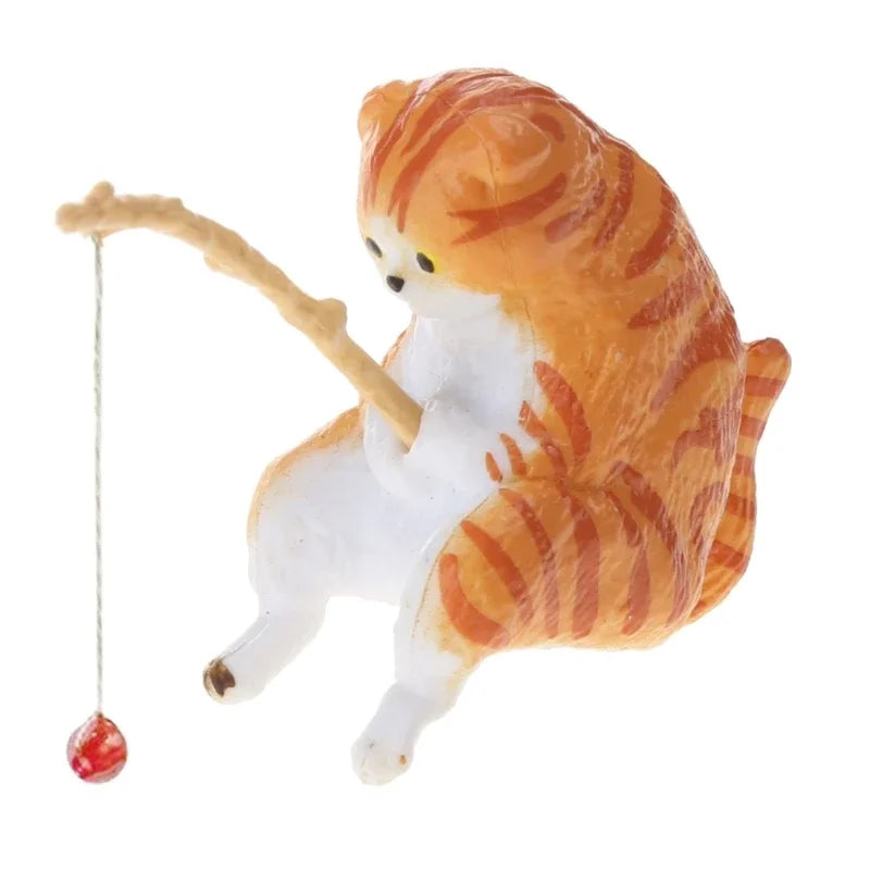 Fish Tank Landscaping Fishing Cat Ornaments Cute Mini Aquarium Decoration Cartoon Animal Resin Figurine for Home Decorations