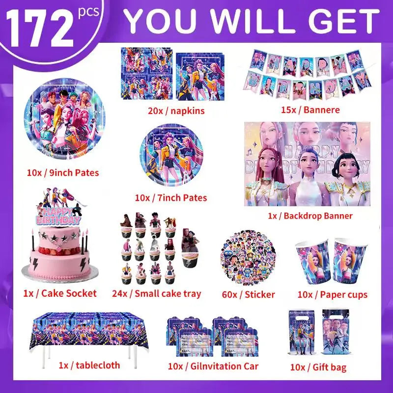 Happy Birthday Party Decoration Character Anime Tableware Plate Cup Balloon Set Banner Backdrop Gift Bag Keychain Party Supplies
