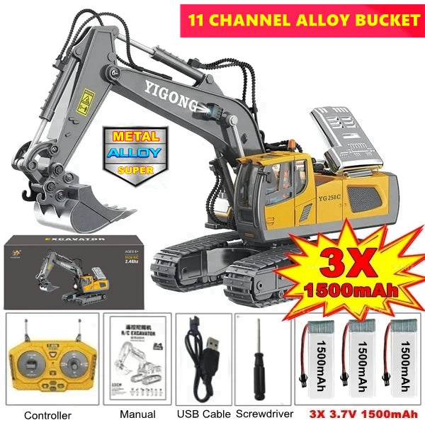 4WD Remote Control Excavator 4x4 Alloy Dump Truck Bulldozer Radio Model RC Car Construction Vehicle with Lights Sound Toy Gift
