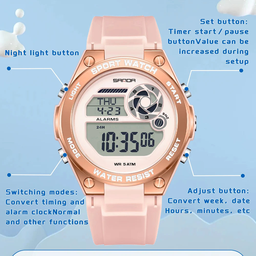 SANDA Durable Ladies Sports Luxury Brand Wristwatch Women TPU Strap Luminous Waterproof Week Date Digital Casual Watch