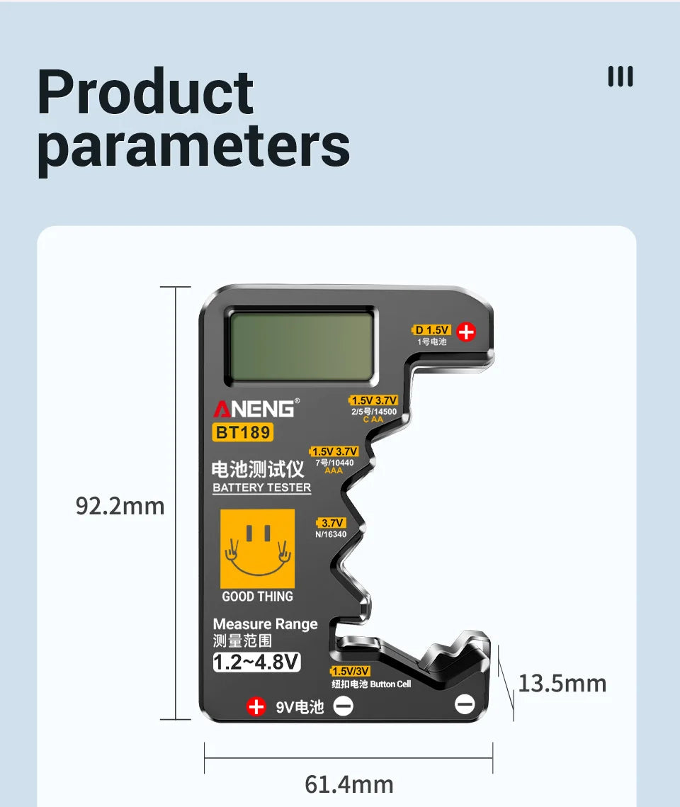 Quickly check your batteries with this universal button cell battery tester—compatible with 9V, N, D, C, AA, and AAA sizes, featuring an easy-to-read LCD display!