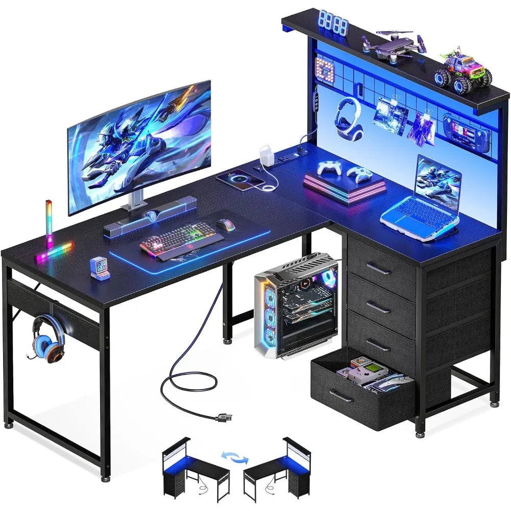 43” L-Shaped Gaming Desk for Compact Spaces: Corner Computer Table with Shelf, Hutch, 4 Drawers, LED Light, Power & USB Ports