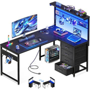 43” L-Shaped Gaming Desk for Compact Spaces: Corner Computer Table with Shelf, Hutch, 4 Drawers, LED Light, Power & USB Ports