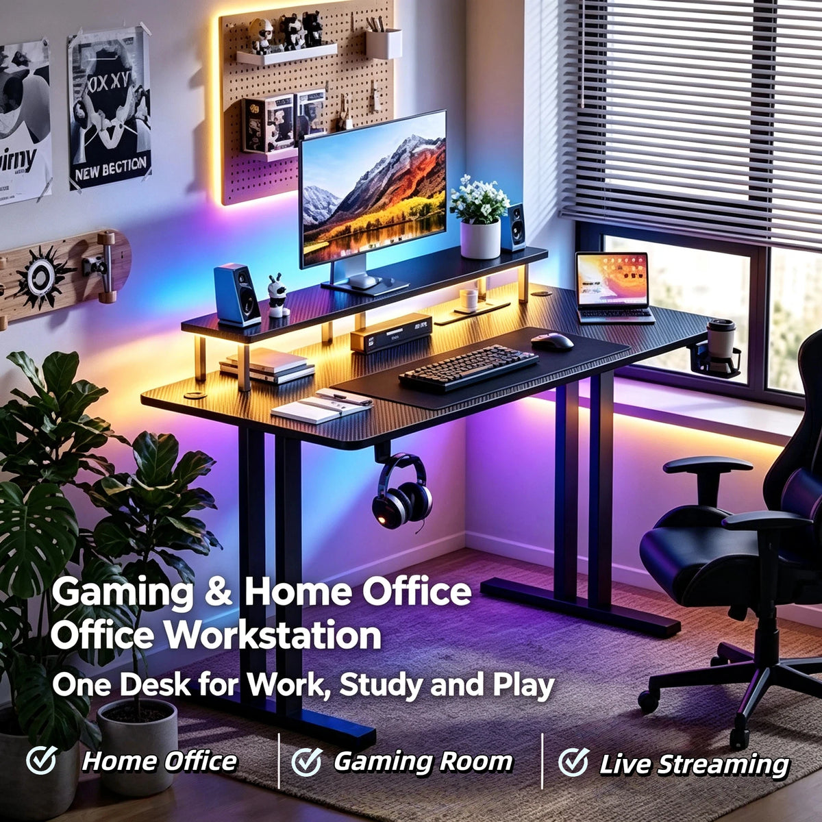 RGB Gaming Desk with Adjustable LED Lights, Carbon Fiber Surface, Detachable Monitor Stand & Built-in Power Strip, Home Office Computer Gaming Table with Cup Holder Headset Hook for Streaming Work Game