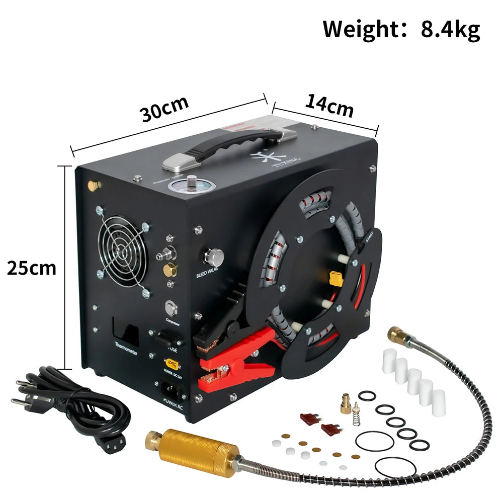 TUXING TXES062 300Bar 4500Psi 12V PCP Air Compressor High Pressure Compressor with Wire Spool 12V Adapter Auto-stop PCP Rifle