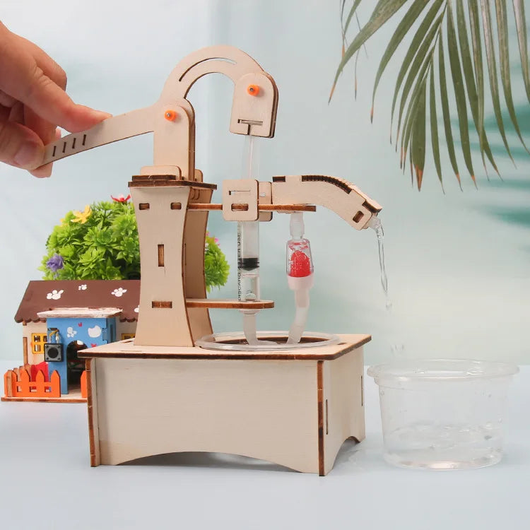 Wooden DIY Hand Pump Well Model STEM Educational Science Experiment Assembly Toy Physics Learning and Gifts