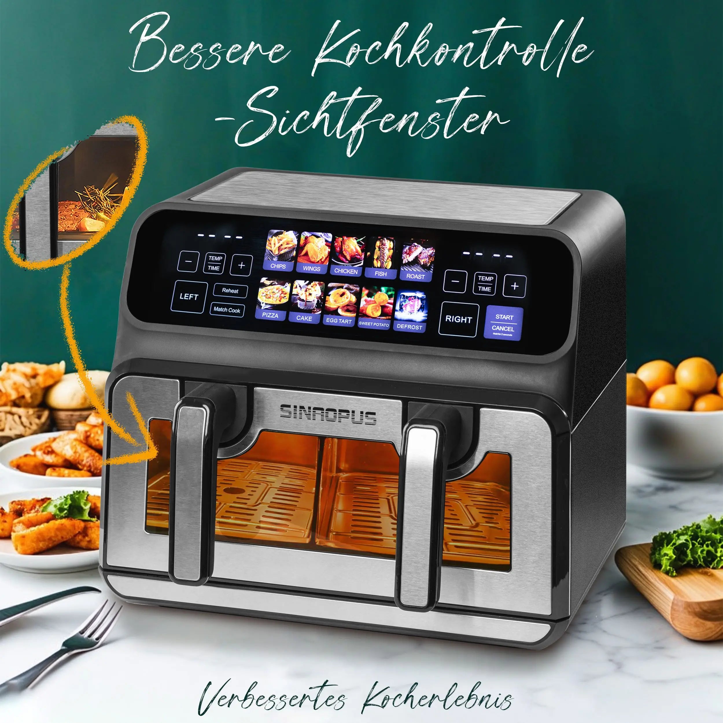 Sinaopus 2200W Hot Air Fryer Dual Basket 9 L XXL Multi-Function Air Fryer with LED Touch Screen Timable Auto Programmes
