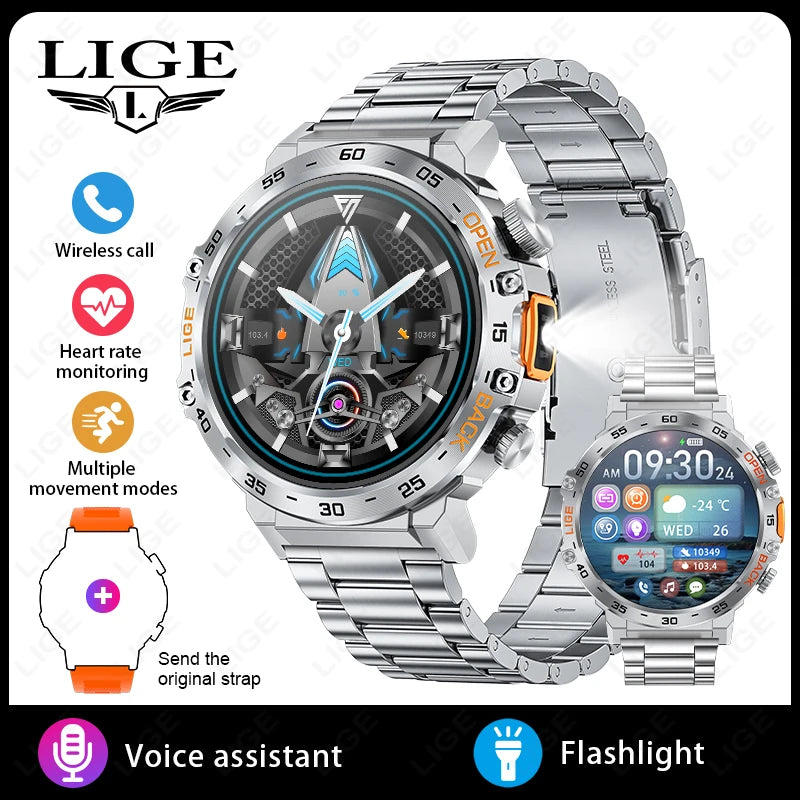 Stay active and connected with this men's smart watch featuring an HD screen, waterproof design, sports fitness tracking, and a handy flashlight—compatible with Android and iOS!