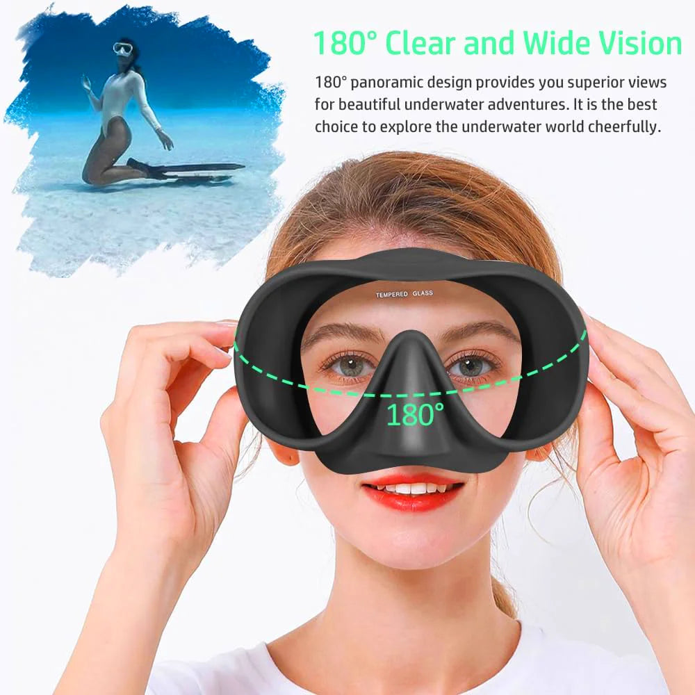 Frameless Diving Mask HD Panoramic Ultra Wide View Tempered Glass Snorkeling Swimming Goggles Suitable for Adults