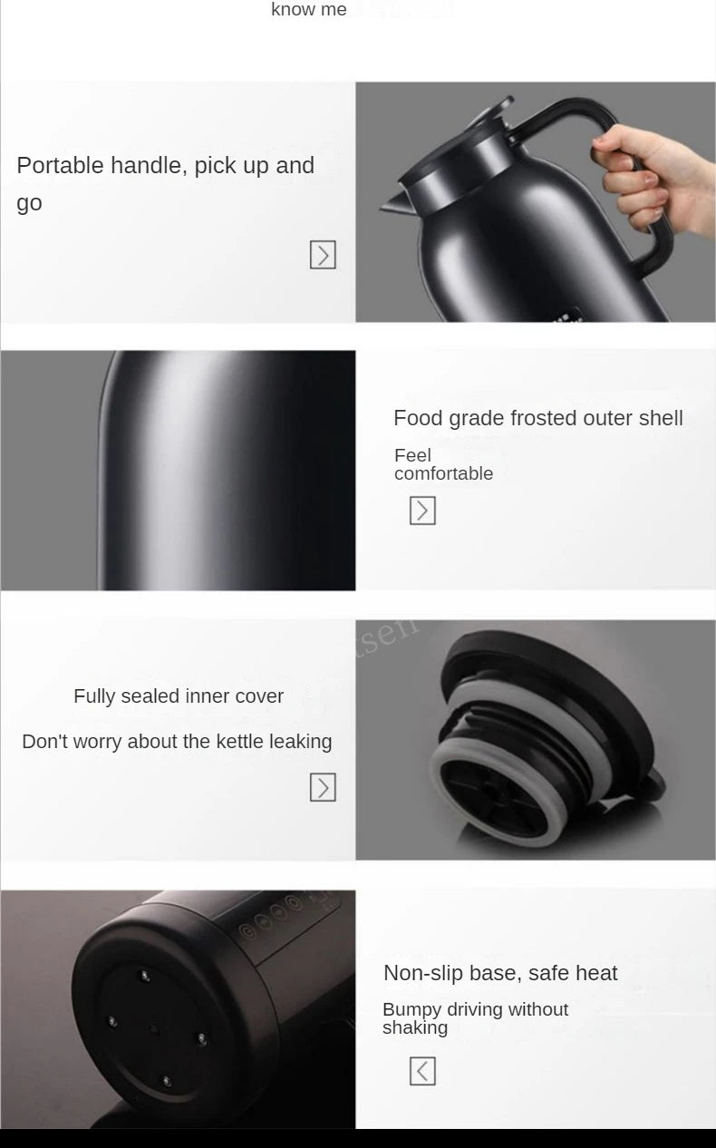 Portable Car Hot Kettle 1200ML Water Heater Travel Auto 12V/24V for Tea Coffee 304 Stainless Steel Large Capacity for Vehicle