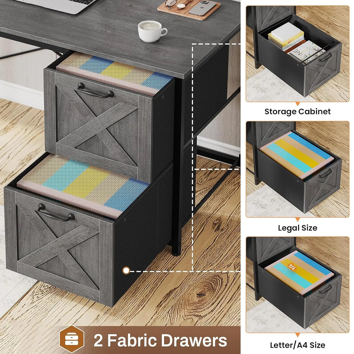 L Shaped Gaming Desk with Drawers LED Lights Power Outlet Hutch Storage Shelf Home Office Grey, Customized