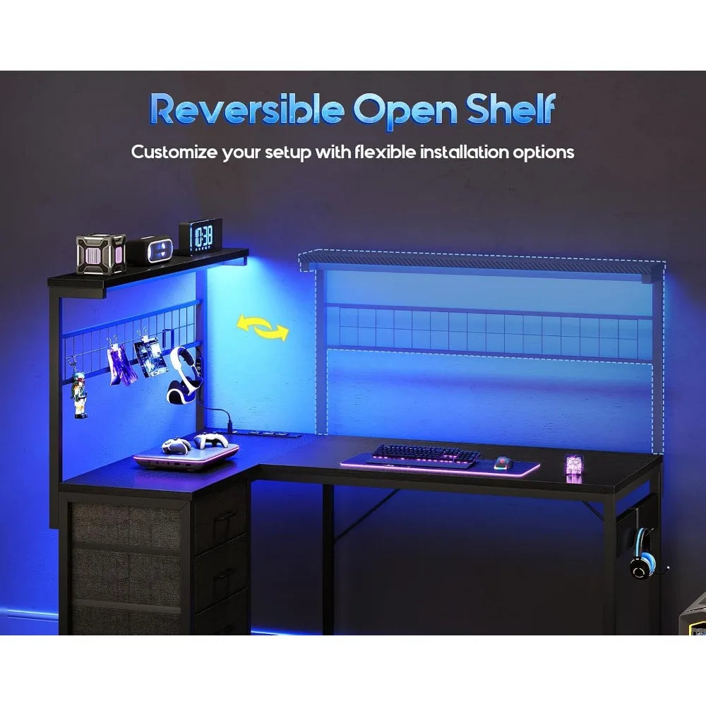 43” L-Shaped Gaming Desk for Compact Spaces: Corner Computer Table with Shelf, Hutch, 4 Drawers, LED Light, Power & USB Ports